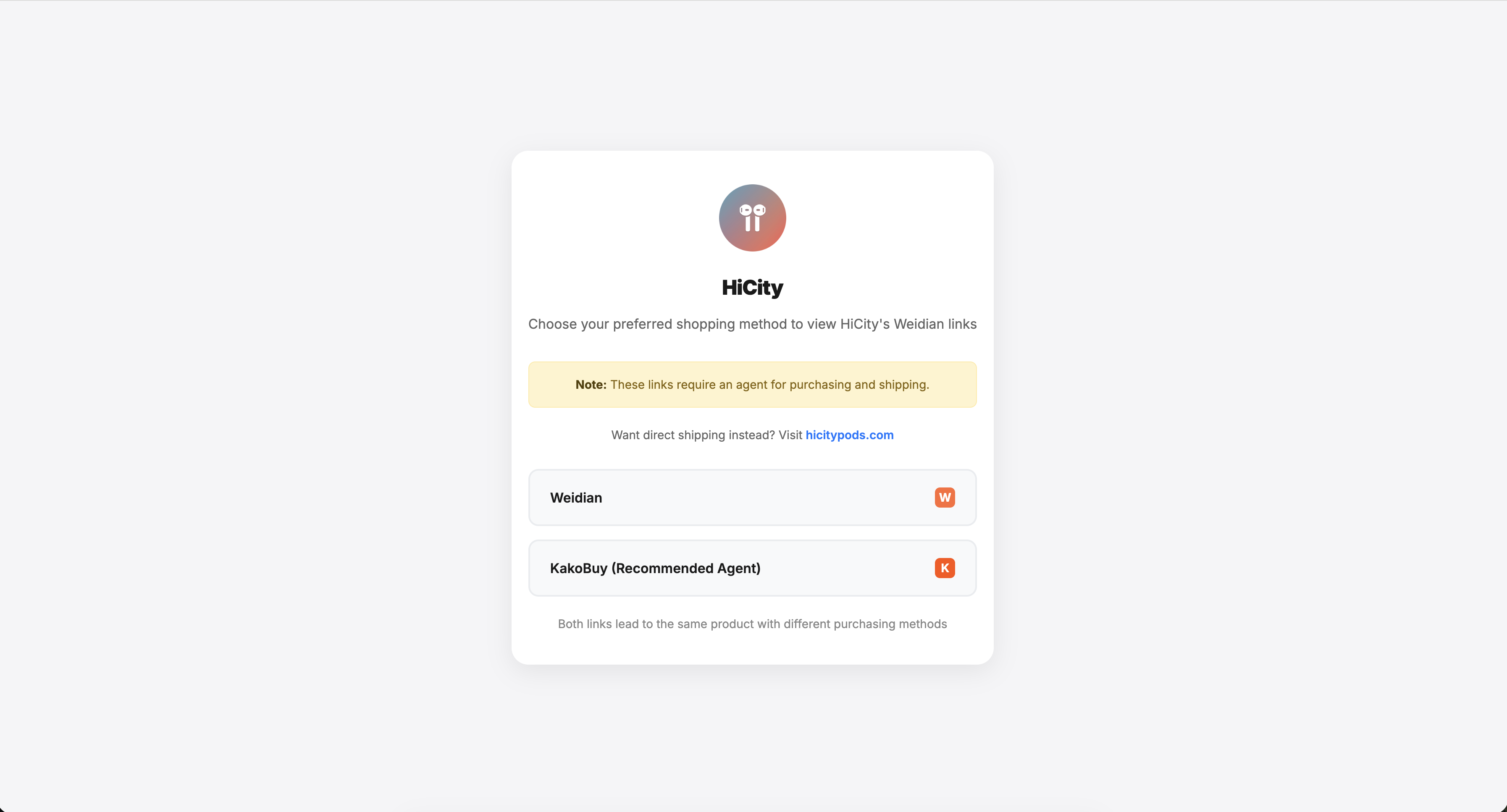 AirReps link chooser showing Weidian and KakoBuy options