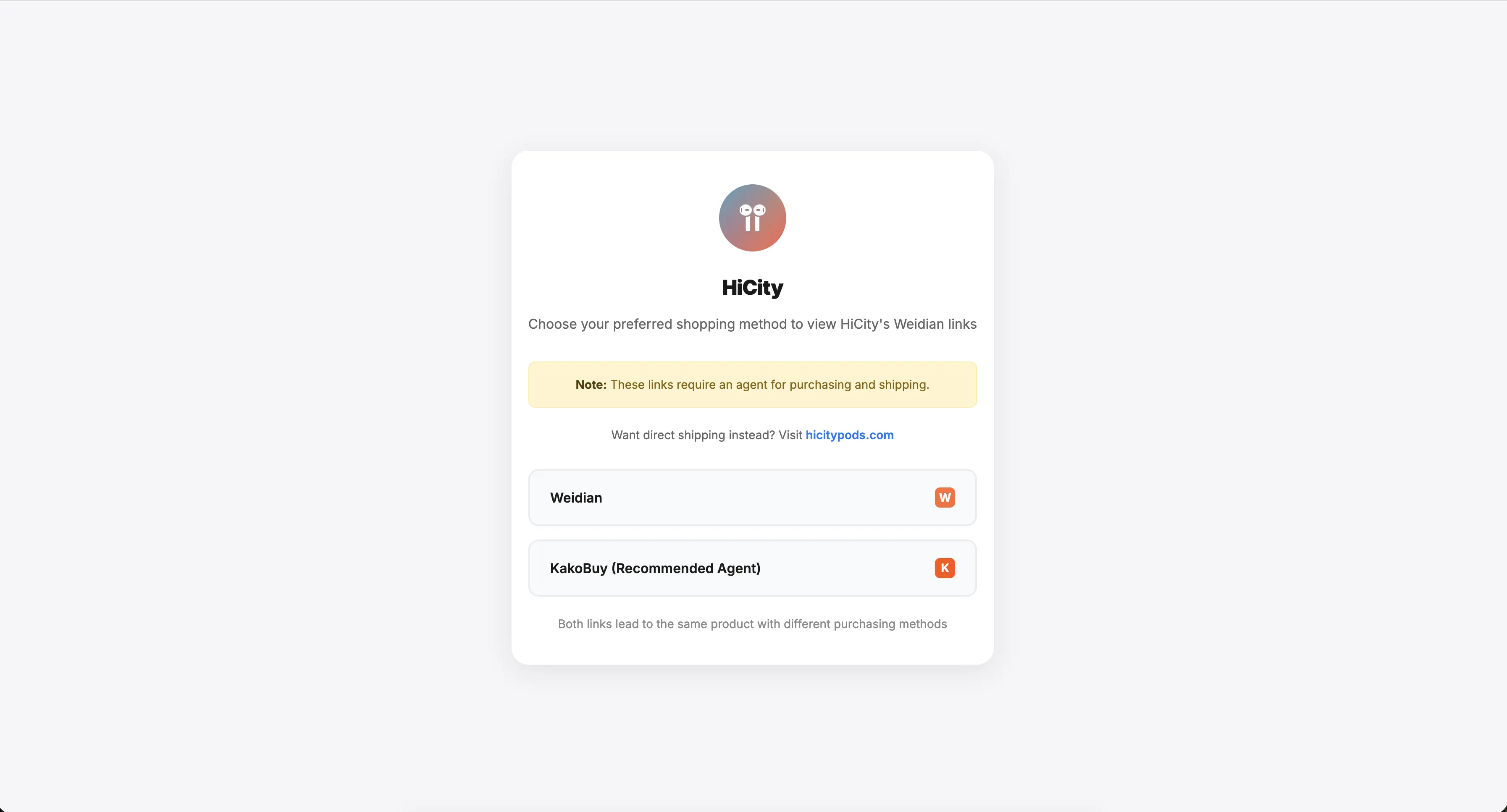 AirReps link chooser showing Weidian and KakoBuy options